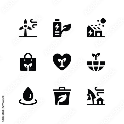 Simple Set of Ecology Vector Glyph Icons including wind turbine, eco battery, solar home, eco bag, eco friendly, eco world, water drop, eco trash, windy weather