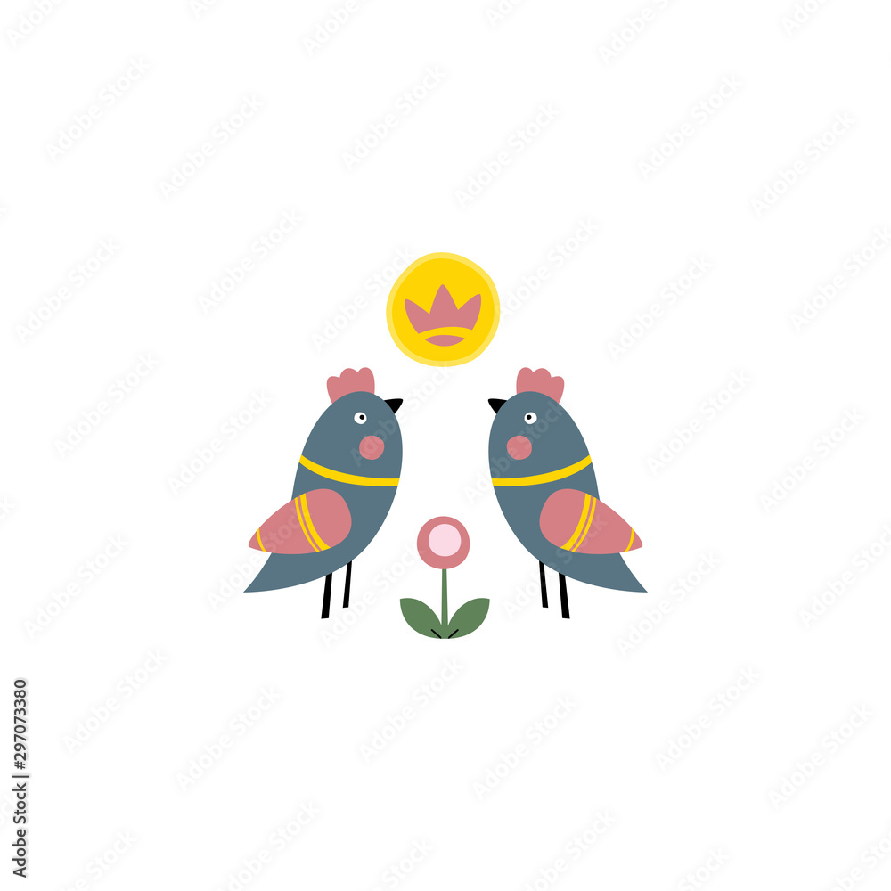 Folk art birds with abstract flower. Cartoon vector illustration for invitation, postcard, scrapbook, greeting card. Folk art birds with abstract flower. Cartoon vector illustration for invitation, postcard, scrapbook, greeting card.