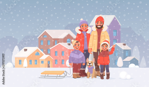 Happy family on a walk outdoors in winter against the backdrop of the cityscape. Leisure