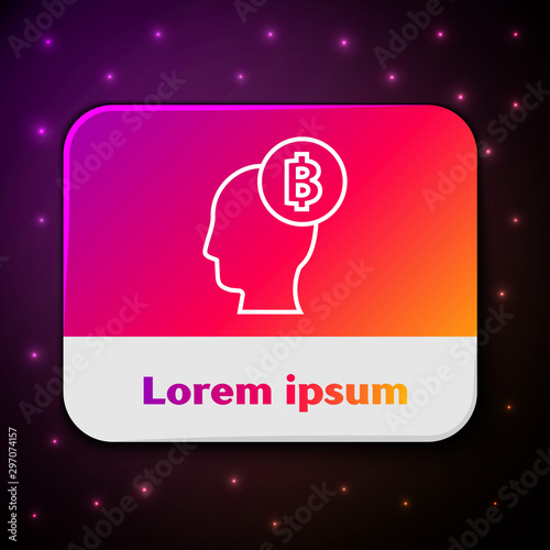 White line Bitcoin think icon isolated on black background. Cryptocurrency head. Blockchain technology, digital money market, cryptocoin wallet. Rectangle color button. Vector Illustration