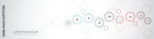 Information technology with infographic elements and flat icons. Cogs and gear wheel mechanisms. Hi-tech digital technology and engineering. Abstract technical background.