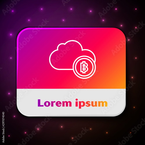 White line Cryptocurrency cloud mining icon isolated on black background. Blockchain technology, bitcoin, digital money market, cryptocoin wallet. Rectangle color button. Vector Illustration