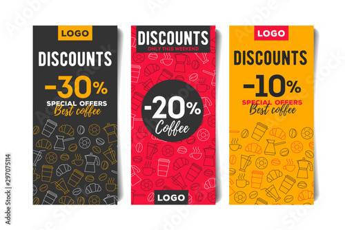 Advertising flyer, leaflet template set in bright colours with line pattern of coffee beans, cups and breakfast food