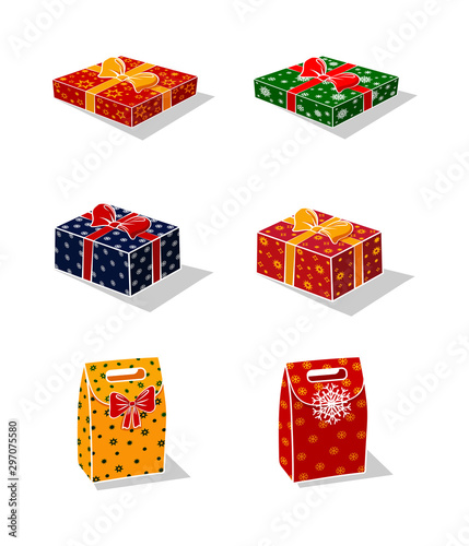 Gift boxes. Isolated objects. New Year's and Christmas. On a white background multi-colored gift boxes. Boxes are decorated with various decorative elements and bows. Vector illustration.