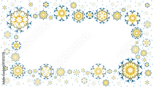 Snowflakes. Greeting card. New Year's and Christmas. Frame of colorful and bright snowflakes. There is a place for text. Vector illustration.