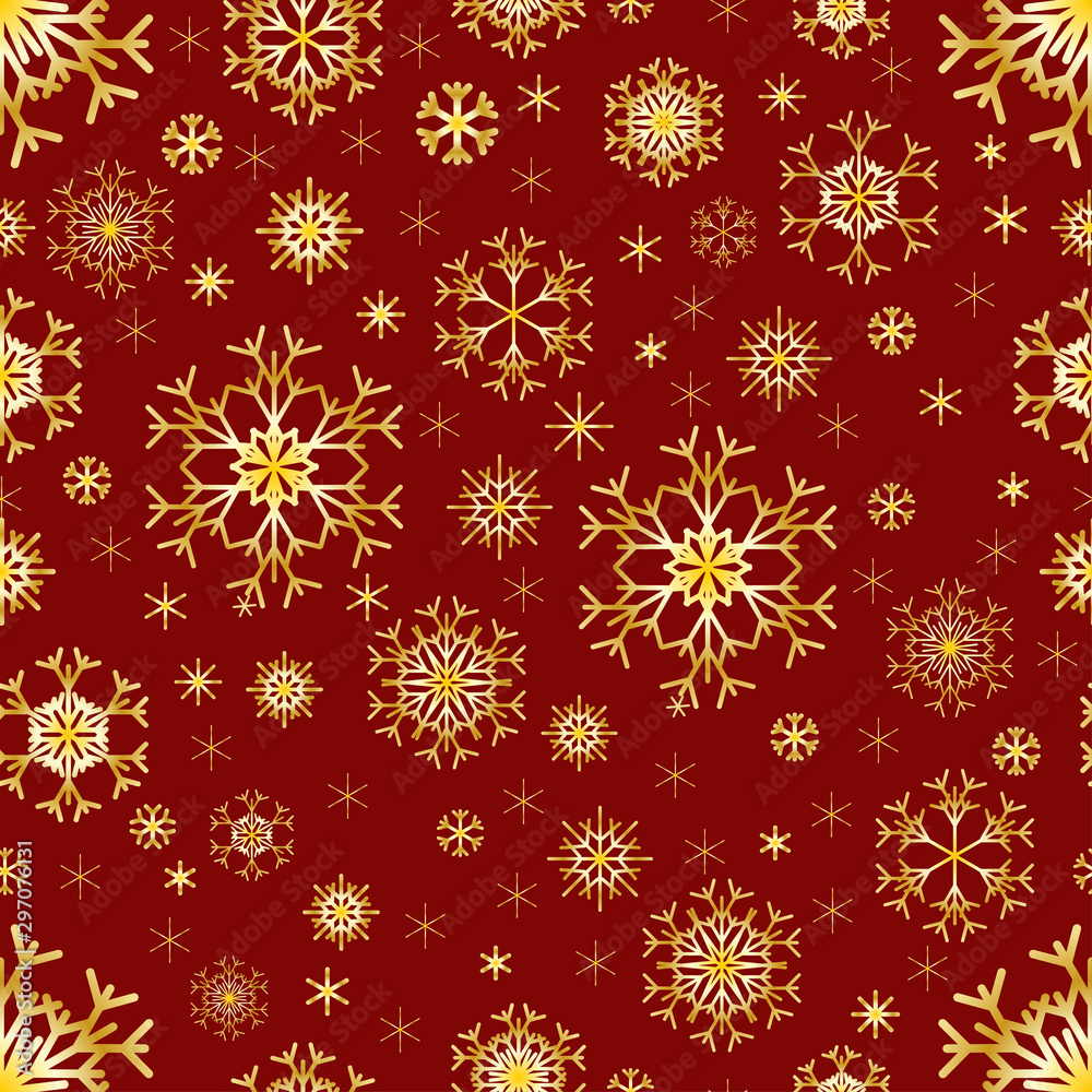 Snowflakes. Seamless pattern. New Year's and Christmas. On a burgundy background, golden and bright snowflakes. Snowflakes have a golden gradient. Vector illustration. Snowflakes. Seamless pattern. New Year's and Christmas. On a burgundy background, golden and bright snowflakes. Snowflakes have a golden gradient. Vector illustration.