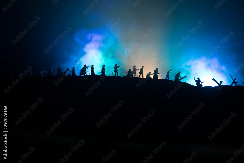 War Concept. Military silhouettes fighting scene on war fog sky background, World War German Tanks Silhouettes Below Cloudy Skyline At night. Attack scene. Armored vehicles and infantry. War Concept. Military silhouettes fighting scene on war fog sky background, World War German Tanks Silhouettes Below Cloudy Skyline At night. Attack scene. Armored vehicles and infantry.
