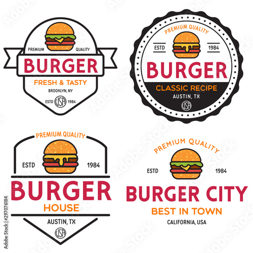 Set of badges, banner, labels and logo for hamburger, burger shop. Simple and minimal design. Vector illustration.