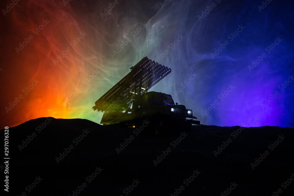 Cold War Rocket Launch Colorised Rocket launch with fire clouds. Battle scene with rocket Missiles with ...