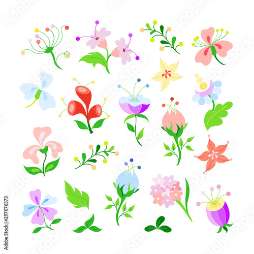 Hand drawn flowers set. Fairy tale vintage floral elements illustration.