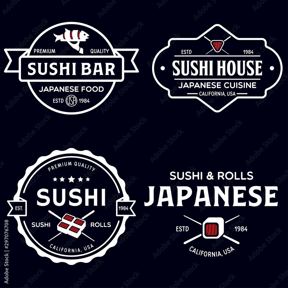 Obraz premium Sushi shop labels and badges design templates set vector, japanese food logos design.