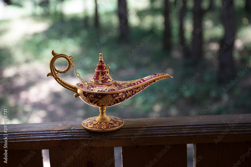 Antique artisanal Aladdin Arabian nights genie style oil lamp at the  forest. Lamp of wishes fantasy concept Stock-Foto | Adobe Stock