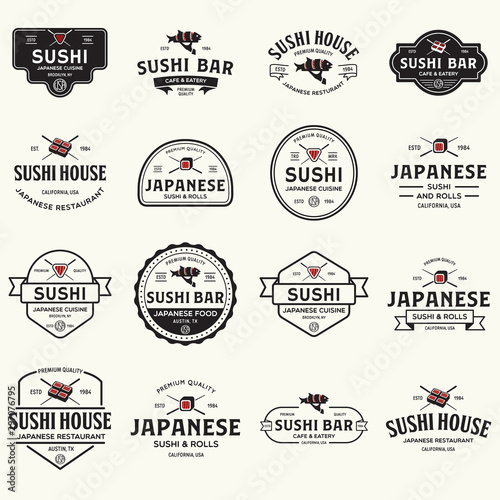 Sushi shop labels and badges design templates set vector, japanese food logos design.