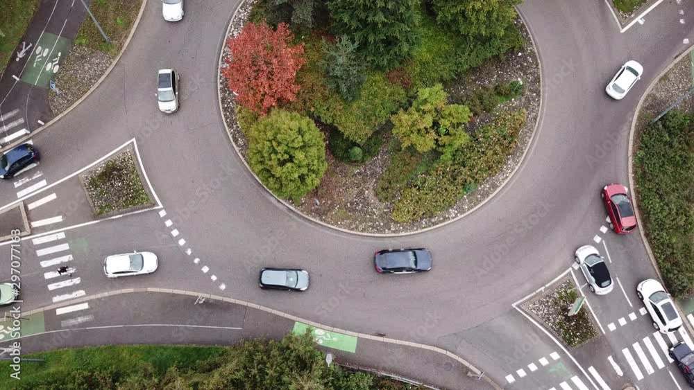 Transportation, aerial view of cars on the road, traffic on roundabout top view from drone