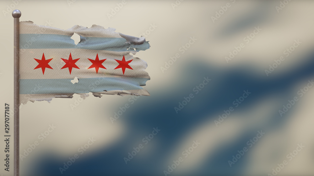 Chicago 3D tattered waving flag illustration on Flagpole.