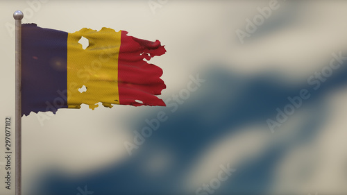 Chad 3D tattered waving flag illustration on Flagpole.