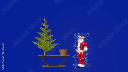 3D rendering on a chroma key background of Santa Claus who with a spell produces a shower of Christmas gifts.