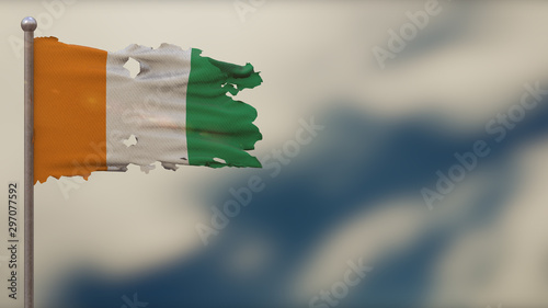 Ivorycoast 3D tattered waving flag illustration on Flagpole. photo