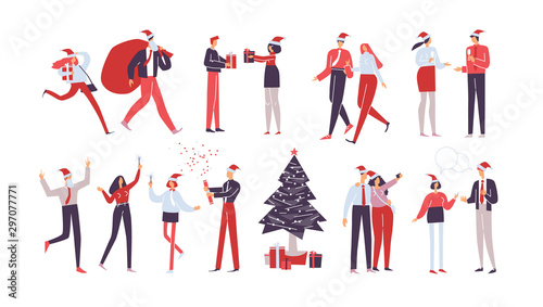 Christmas set. People make merry together around Christmas tree. Collection of Happy workers having fun at corporate party. Company celebrates new year. Holiday vector illustration isolated on white