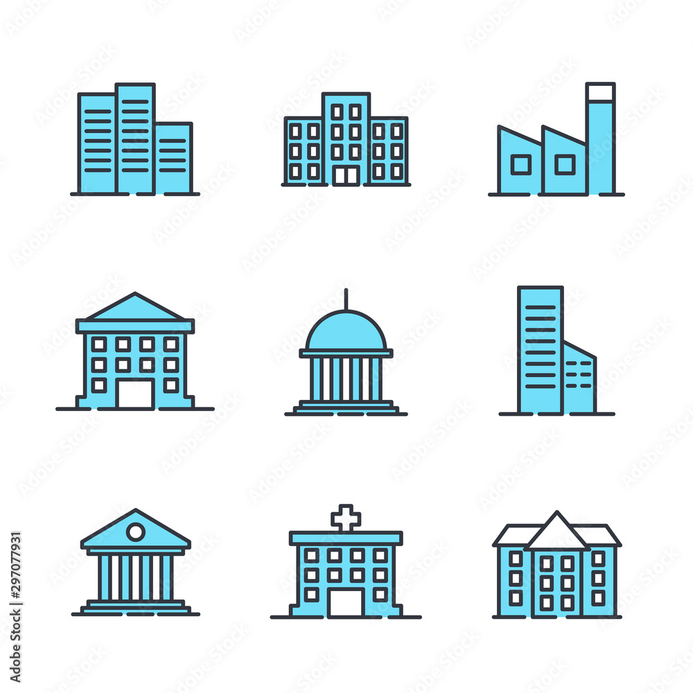 Fototapeta premium Building set icon symbol template color editable. Government buildings pack logo vector illustration for graphic and web design collection