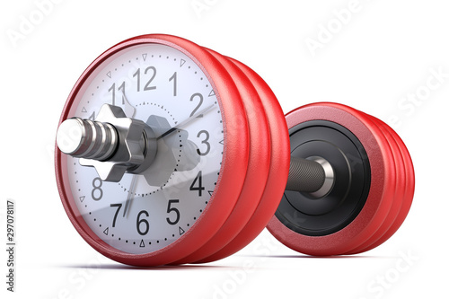 Cuadro en lienzo Red gym dumpbell with clock isolated on white - Time for gym concept
