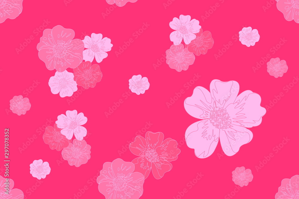 Flower blossom seamless pattern in pink shading color on red pink background. Tropical botanical Motifs scattered random. Great for fabric, textile, wrap paper, wallpaper, carpet.