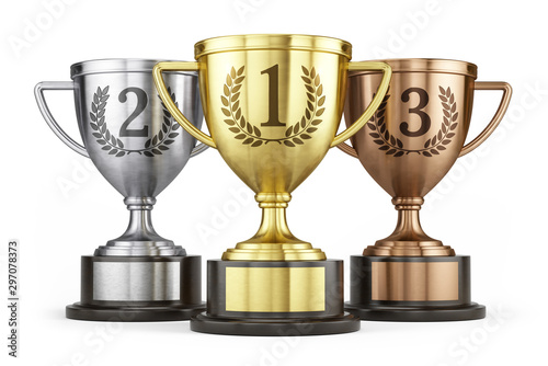 First, second and third place award concept - Gold, silver and bronze trophy cups isolated on white background. 3d rendering