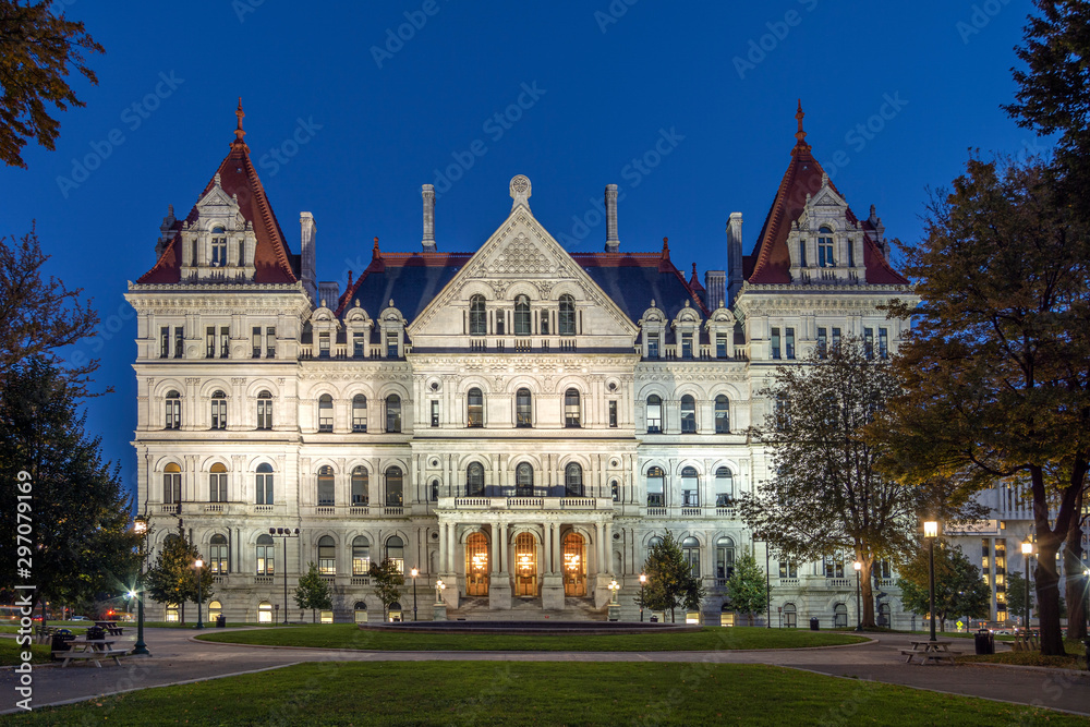Albany, New York, USA - 16:9 Ratio Night View of the New York State Capitol Building