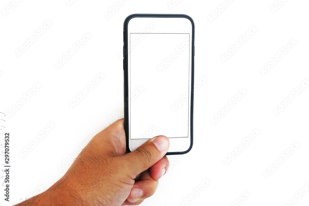 Smartphone in male hands taking photo on white blackground. Smartphone in male hands taking photo on white blackground.