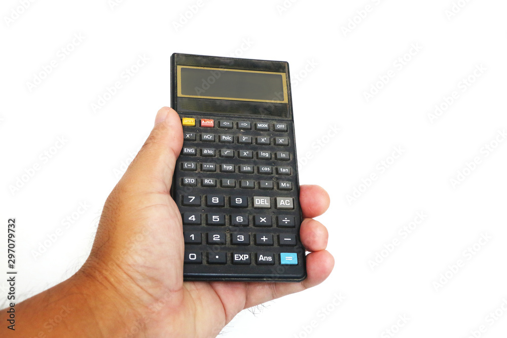 Old calculator in hand on white background, Conceptual of money and business. Old calculator in hand on white background, Conceptual of money and business.