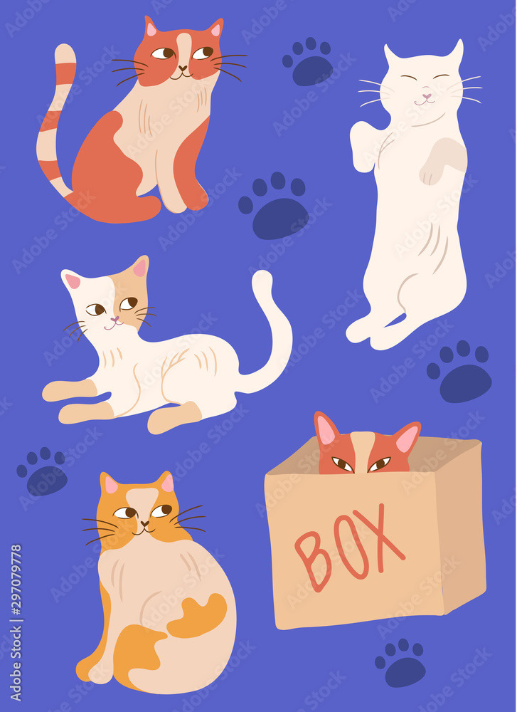 Set of cat characters. Two red cats, two white cats and a cat in a box.Cute animals.Purple background and paws