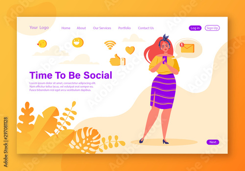 Smart technologies in human life. Young woman with smartphone chatting and texting using internet services and gadget. Social media concept for web page tamlate. Cartoon, flat, vector illustration.