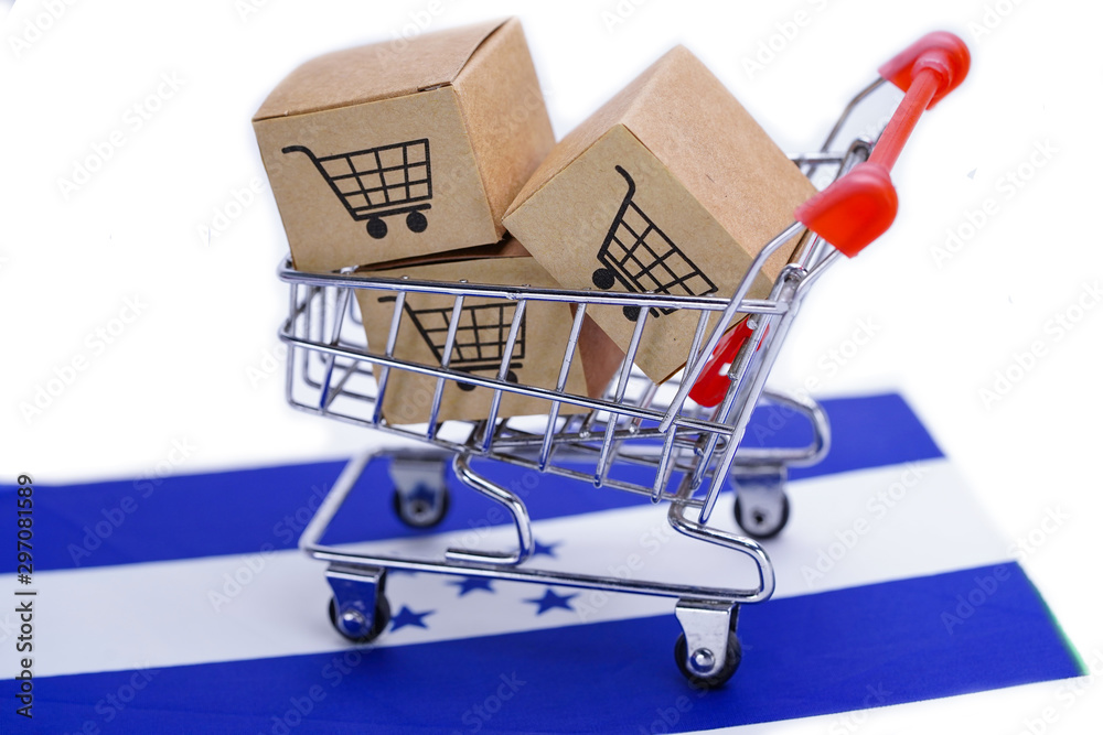 Box with shopping cart logo and Honduras flag : Import Export Shopping online or eCommerce finance delivery service store product shipping, trade, supplier concept..