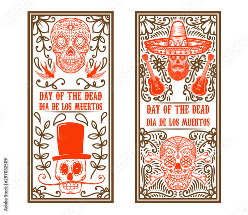 Set of Day of the dead (Dia de los muertos) flyer templates. Design element for poster, card, banner. Vector illustration