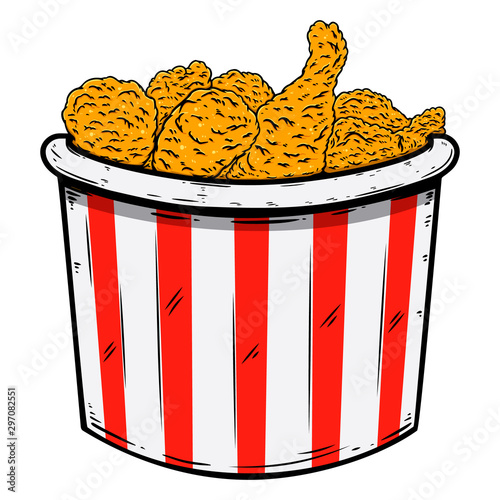 Illustration of bucket of fried chicken. Design element for poster, card, banner, sign, flyer.Vector illustration
