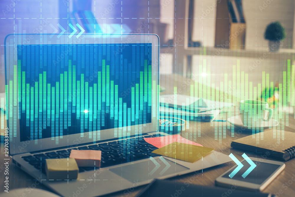 Double exposure of forex chart and work space with computer. Concept of international online trading. Double exposure of forex chart and work space with computer. Concept of international online trading.