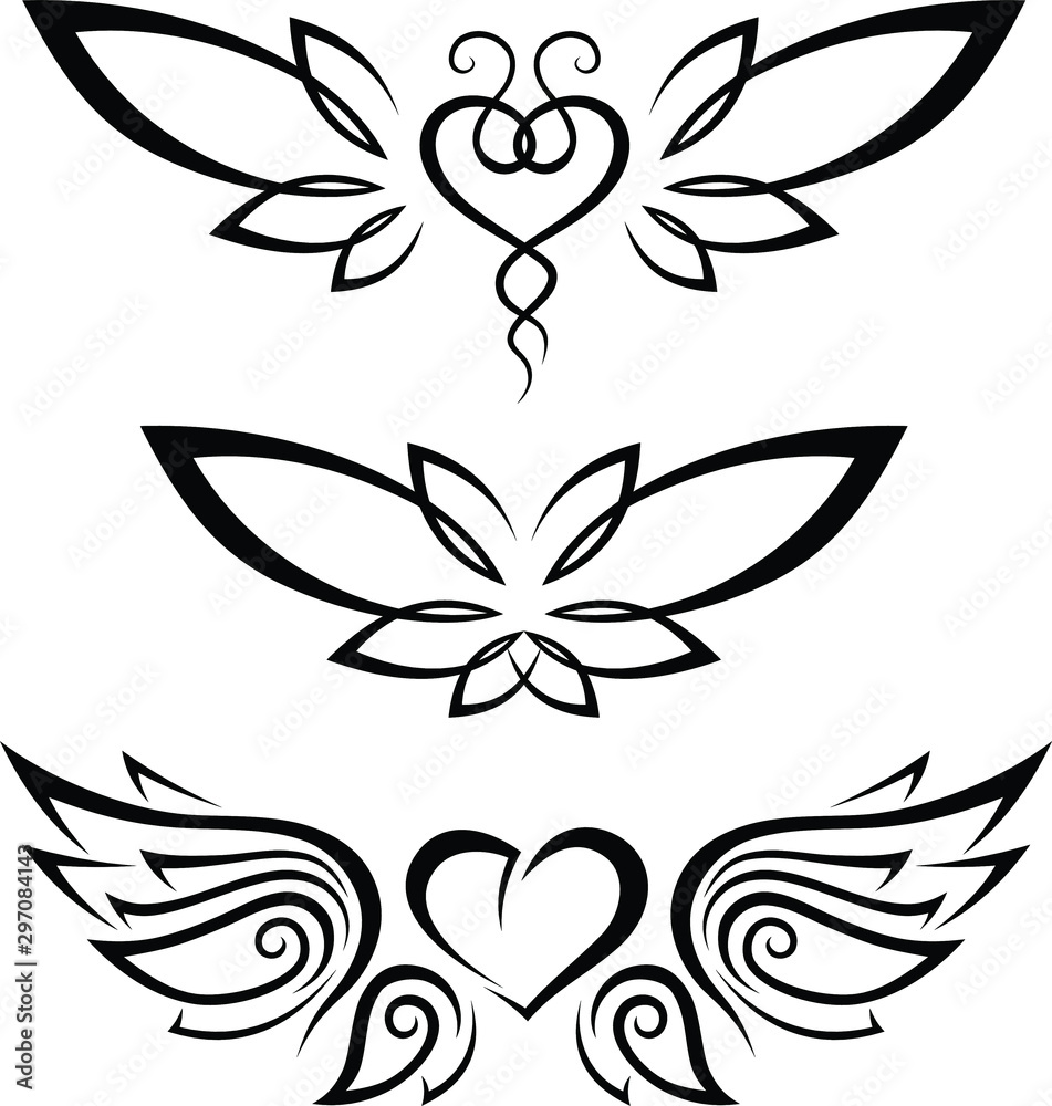 Tribal Tattoo Heart Set with Wings Stock Vector | Adobe Stock