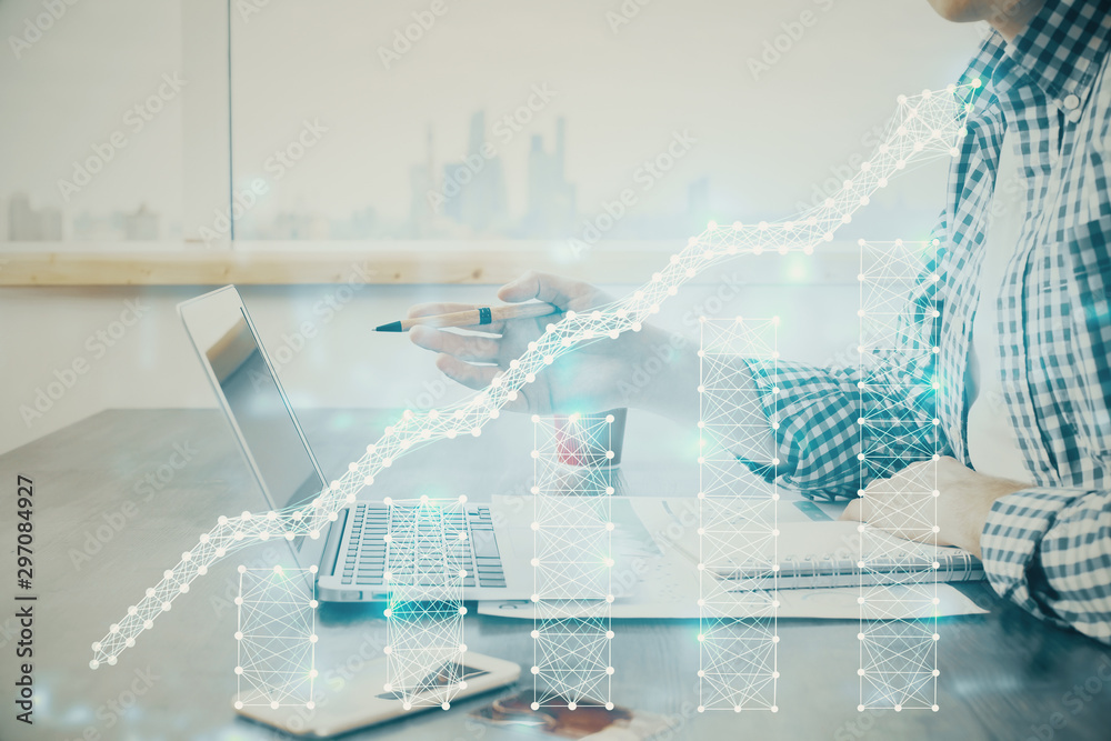 Multi exposure of stock market chart with man working on computer on background. Concept of financial analysis.