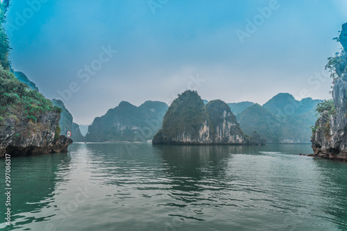 Misty Halong Bay. Rock formations in the middle of the sea. 