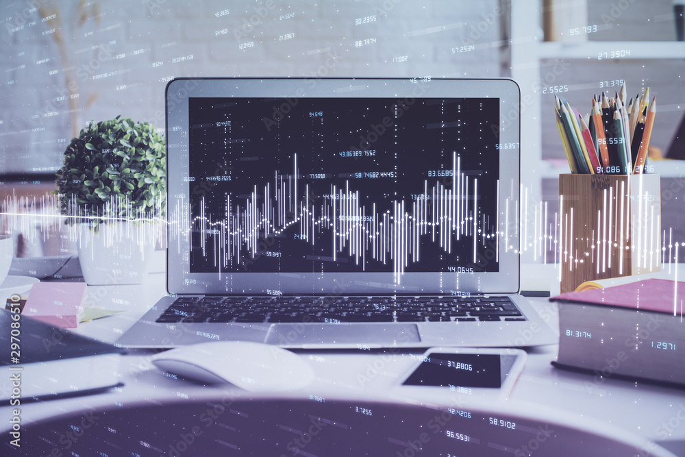 Stock market graph and table with computer background. Multi exposure. Concept of financial analysis. Stock market graph and table with computer background. Multi exposure. Concept of financial analysis.