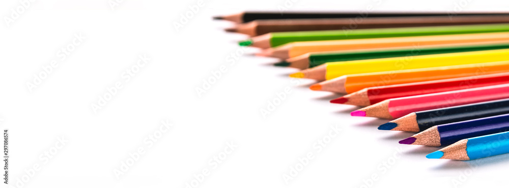 Creative banner with Multicolor pencils isolated on white background, education frame concept with copy space Creative banner with Multicolor pencils isolated on white background, education frame concept with copy space