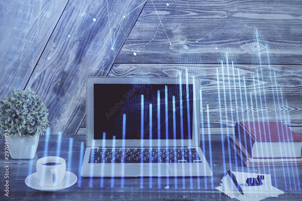Multi exposure of forex graph and work space with computer. Concept of international online trading. Multi exposure of forex graph and work space with computer. Concept of international online trading.