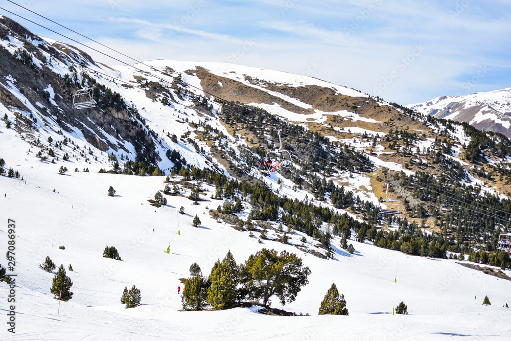 Popular ski resort pas de la casa in the Pyrenees mountains. View of ski lifts and skiers -Image
