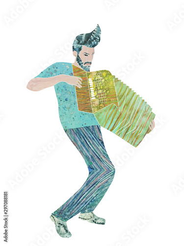 Fotografi Mixed media computer and hand drawn accordionist with stylish haircut playing th