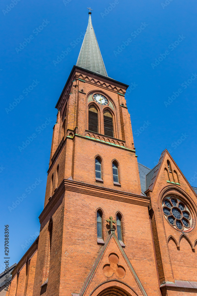 Tower of the historic Marienkirche church in Flensburg, Germany