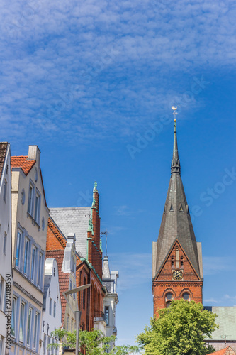 Church tower and historic facades in Flensburg  Germany