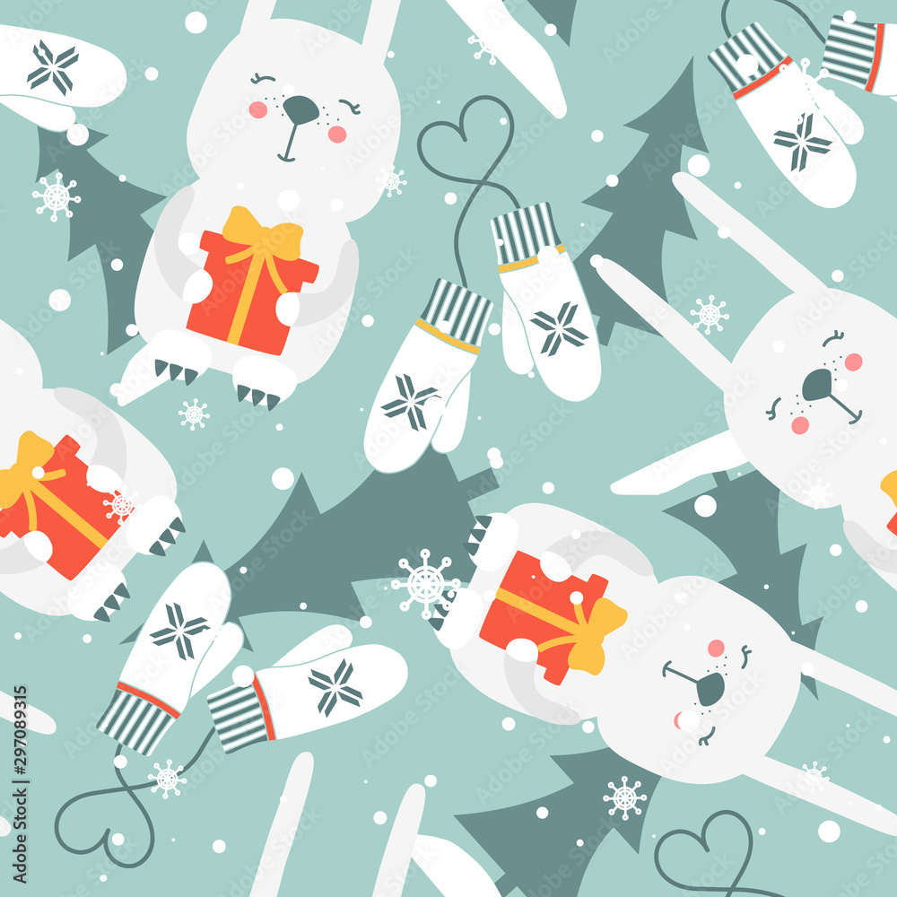 Colorful background with rabbits, fir trees, gifts, mittens, snow. Decorative cute backdrop vector. Happy New Year, seamless pattern with animals. Winter time Colorful background with rabbits, fir trees, gifts, mittens, snow. Decorative cute backdrop vector. Happy New Year, seamless pattern with animals. Winter time