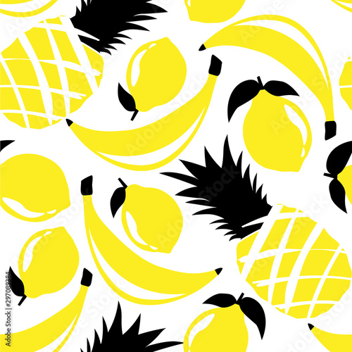 Ripe fruits, hand drawn overlapping background. Colorful tropical wallpaper vector. Seamless pattern with pineapples, lemons, bananas. Decorative colored illustration, good for printing