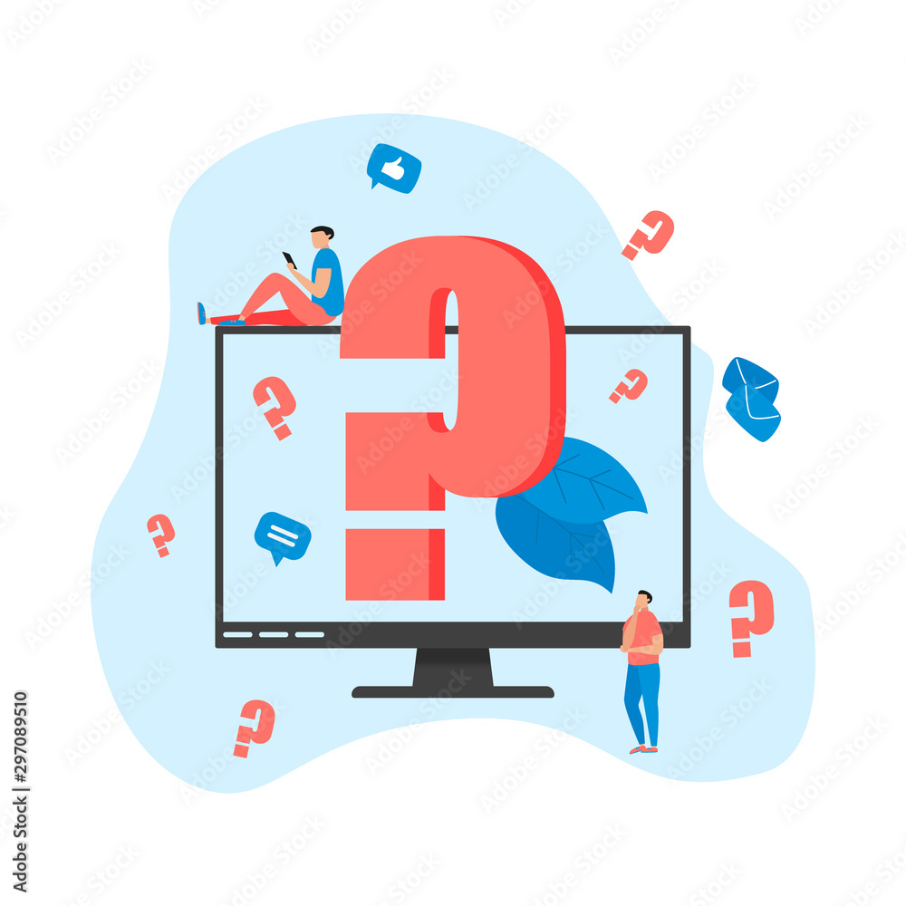 Question mark. Small business people solve business issues. Business flat illustration Question mark. Small business people solve business issues. Business flat illustration