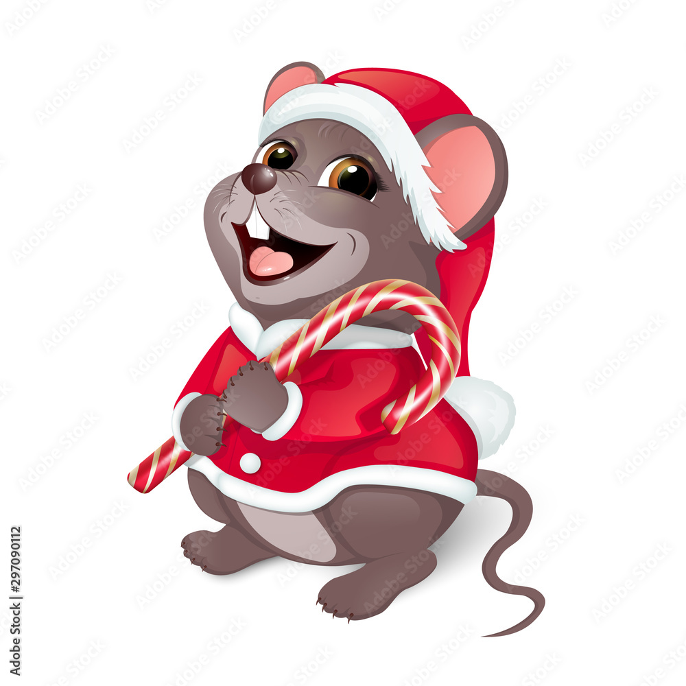 Merry Christmas Greetings. Merry mouse in a red Santa costume. In the paws holds a candy cane. The symbol of the New Year on the Chinese calendar. Isolated on a white background. Vector. Merry Christmas Greetings. Merry mouse in a red Santa costume. In the paws holds a candy cane. The symbol of the New Year on the Chinese calendar. Isolated on a white background. Vector.